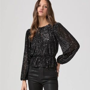 PAIGE Black Sequin Blouse Vilma Peplum Size S